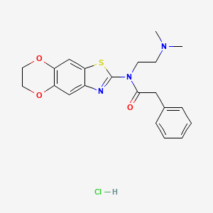 molecular formula C21H24ClN3O3S B2603240 盐酸N-(6,7-二氢-[1,4]二氧杂环[2',3':4,5]苯并[1,2-d]噻唑-2-基)-N-(2-(二甲氨基)乙基)-2-苯乙酰胺 CAS No. 1215558-74-9