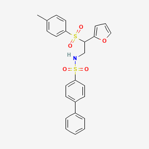 molecular formula C25H23NO5S2 B2603273 N-{2-(2-furyl)-2-[(4-methylphenyl)sulfonyl]ethyl}biphenyl-4-sulfonamide CAS No. 877816-77-8