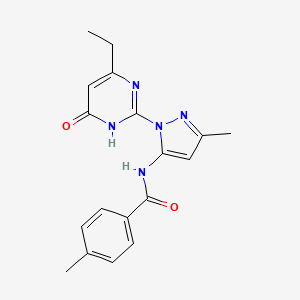 molecular formula C18H19N5O2 B2603276 N-(1-(4-ethyl-6-oxo-1,6-dihydropyrimidin-2-yl)-3-methyl-1H-pyrazol-5-yl)-4-methylbenzamide CAS No. 1002483-79-5