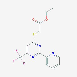 molecular formula C14H12F3N3O2S B2603286 Ethyl 2-{[2-(2-pyridinyl)-6-(trifluoromethyl)-4-pyrimidinyl]sulfanyl}acetate CAS No. 338418-30-7