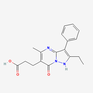 molecular formula C18H19N3O3 B2603292 3-(2-Ethyl-5-methyl-7-oxo-3-phenyl-4,7-dihydropyrazolo[1,5-a]pyrimidin-6-yl)propanoic acid CAS No. 951626-65-6