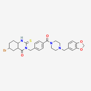 molecular formula C28H25BrN4O4S B2603293 3-[(4-{4-[(2H-1,3-benzodioxol-5-yl)methyl]piperazine-1-carbonyl}phenyl)methyl]-6-bromo-2-sulfanylidene-1,2,3,4-tetrahydroquinazolin-4-one CAS No. 422287-49-8