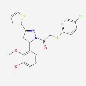 molecular formula C23H21ClN2O3S2 B2603298 2-(4-Chlorophenyl)sulfanyl-1-[3-(2,3-dimethoxyphenyl)-5-thiophen-2-yl-3,4-dihydropyrazol-2-yl]ethanone CAS No. 403843-42-5