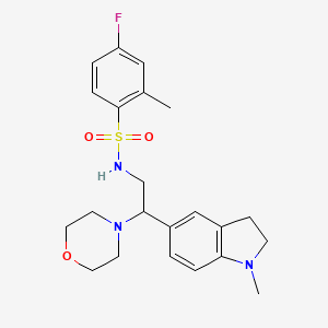 molecular formula C22H28FN3O3S B2603328 4-fluoro-2-methyl-N-(2-(1-methylindolin-5-yl)-2-morpholinoethyl)benzenesulfonamide CAS No. 946343-29-9