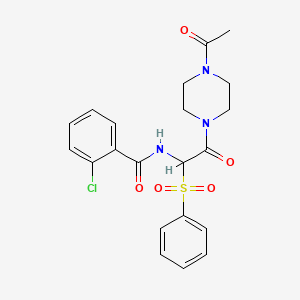 molecular formula C21H22ClN3O5S B2603348 N-[2-(4-acetylpiperazin-1-yl)-1-(benzenesulfonyl)-2-oxoethyl]-2-chlorobenzamide CAS No. 1042974-66-2