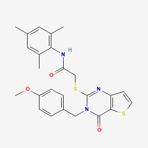 molecular formula C25H25N3O3S2 B2603350 2-{[3-(4-methoxybenzyl)-4-oxo-3,4-dihydrothieno[3,2-d]pyrimidin-2-yl]sulfanyl}-N-(2,4,6-trimethylphenyl)acetamide CAS No. 1252928-62-3