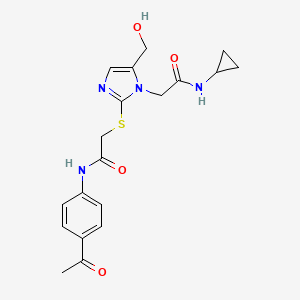 molecular formula C19H22N4O4S B2603353 2-[2-({2-[(4-acetylphenyl)amino]-2-oxoethyl}thio)-5-(hydroxymethyl)-1H-imidazol-1-yl]-N-cyclopropylacetamide CAS No. 923245-52-7