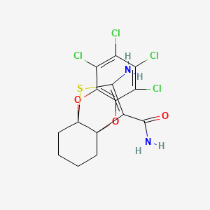 molecular formula C15H12Cl4N2O3S B2603364 12-Amino-6,7,8,9-tetrachloro-1,2,3,4-tetrahydro-4a,10a-(epithioetheno)oxanthrene-11-carboxamide CAS No. 924967-53-3