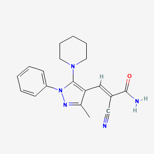 molecular formula C19H21N5O B2603390 (E)-2-cyano-3-(3-methyl-1-phenyl-5-piperidin-1-ylpyrazol-4-yl)prop-2-enamide CAS No. 877971-99-8