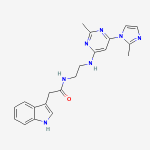 molecular formula C21H23N7O B2603397 2-(1H-indol-3-yl)-N-(2-((2-methyl-6-(2-methyl-1H-imidazol-1-yl)pyrimidin-4-yl)amino)ethyl)acetamide CAS No. 1207022-89-6