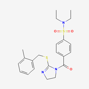 molecular formula C22H27N3O3S2 B2603418 N,N-diethyl-4-[2-[(2-methylphenyl)methylsulfanyl]-4,5-dihydroimidazole-1-carbonyl]benzenesulfonamide CAS No. 851801-40-6