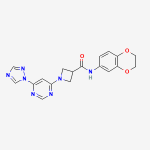 molecular formula C18H17N7O3 B2603512 1-(6-(1H-1,2,4-triazol-1-yl)pyrimidin-4-yl)-N-(2,3-dihydrobenzo[b][1,4]dioxin-6-yl)azetidine-3-carboxamide CAS No. 2034366-82-8