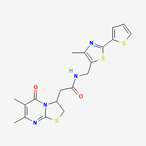 molecular formula C19H20N4O2S3 B2603515 2-(6,7-dimethyl-5-oxo-3,5-dihydro-2H-thiazolo[3,2-a]pyrimidin-3-yl)-N-((4-methyl-2-(thiophen-2-yl)thiazol-5-yl)methyl)acetamide CAS No. 1421459-52-0