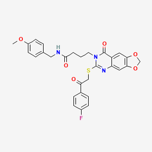 molecular formula C29H26FN3O6S B2603547 4-[6-[2-(4-fluorophenyl)-2-oxoethyl]sulfanyl-8-oxo-[1,3]dioxolo[4,5-g]quinazolin-7-yl]-N-[(4-methoxyphenyl)methyl]butanamide CAS No. 688059-87-2