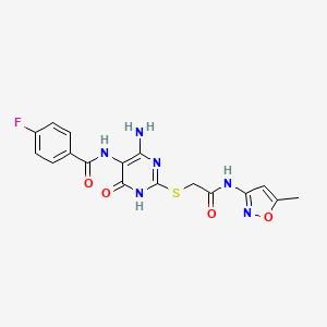 molecular formula C17H15FN6O4S B2603614 N-(4-amino-2-((2-((5-methylisoxazol-3-yl)amino)-2-oxoethyl)thio)-6-oxo-1,6-dihydropyrimidin-5-yl)-4-fluorobenzamide CAS No. 888418-32-4