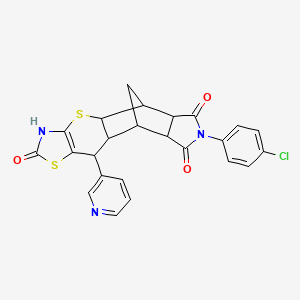 molecular formula C24H18ClN3O3S2 B2603666 (4aR,5R,5aR,8aR,9S)-7-(4-chlorophenyl)-10-(pyridin-3-yl)-5,5a,8a,9,9a,10-hexahydro-5,9-methanothiazolo[5',4':5,6]thiopyrano[2,3-f]isoindole-2,6,8(3H,4aH,7H)-trione CAS No. 1212363-07-9