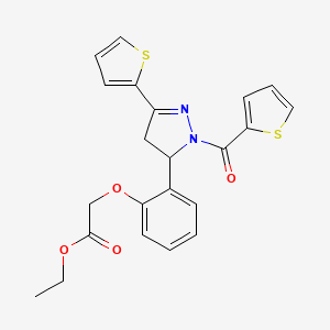 molecular formula C22H20N2O4S2 B2603779 2-[2-[2-(噻吩-2-羰基)-5-噻吩-2-基-3,4-二氢吡唑-3-基]苯氧基]乙酸乙酯 CAS No. 831233-48-8