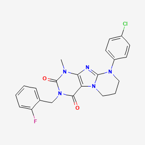 molecular formula C22H19ClFN5O2 B2603787 9-(4-chlorophenyl)-3-(2-fluorobenzyl)-1-methyl-6,7,8,9-tetrahydropyrimido[2,1-f]purine-2,4(1H,3H)-dione CAS No. 873076-71-2