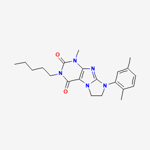 molecular formula C21H27N5O2 B2603802 8-(2,5-Dimethylphenyl)-1-methyl-3-pentyl-1,3,5-trihydroimidazolidino[1,2-h]pur ine-2,4-dione CAS No. 923463-07-4