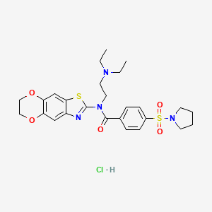 molecular formula C26H33ClN4O5S2 B2603848 N-(2-(diethylamino)ethyl)-N-(6,7-dihydro-[1,4]dioxino[2',3':4,5]benzo[1,2-d]thiazol-2-yl)-4-(pyrrolidin-1-ylsulfonyl)benzamide hydrochloride CAS No. 1321864-85-0