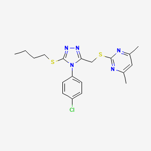 molecular formula C19H22ClN5S2 B2603886 2-[[5-Butylsulfanyl-4-(4-chlorophenyl)-1,2,4-triazol-3-yl]methylsulfanyl]-4,6-dimethylpyrimidine CAS No. 868222-54-2