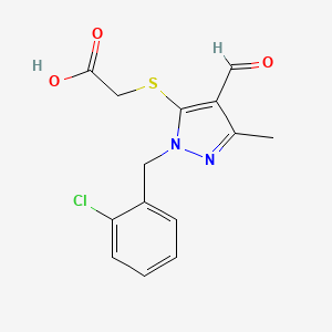 molecular formula C14H13ClN2O3S B2604032 {[1-(2-chlorobenzyl)-4-formyl-3-methyl-1H-pyrazol-5-yl]thio}acetic acid CAS No. 956568-51-7