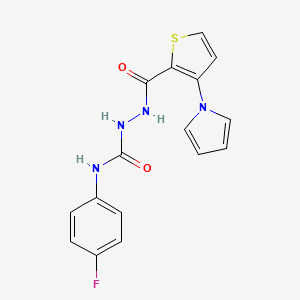 molecular formula C16H13FN4O2S B2604107 N-(4-fluorophenyl)-2-{[3-(1H-pyrrol-1-yl)-2-thienyl]carbonyl}-1-hydrazinecarboxamide CAS No. 478062-91-8