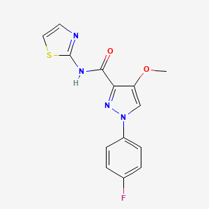 molecular formula C14H11FN4O2S B2604132 1-(4-氟苯基)-4-甲氧基-N-(噻唑-2-基)-1H-吡唑-3-甲酰胺 CAS No. 1020455-31-5