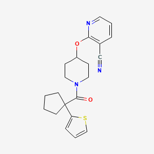 molecular formula C21H23N3O2S B2604143 2-((1-(1-(Thiophen-2-yl)cyclopentanecarbonyl)piperidin-4-yl)oxy)nicotinonitrile CAS No. 1797549-91-7
