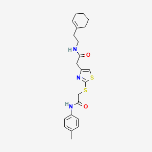 molecular formula C22H27N3O2S2 B2604175 N-(2-(cyclohex-1-en-1-yl)ethyl)-2-(2-((2-oxo-2-(p-tolylamino)ethyl)thio)thiazol-4-yl)acetamide CAS No. 942001-49-2