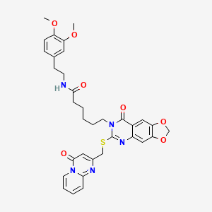 molecular formula C34H35N5O7S B2604184 N-[2-(3,4-dimethoxyphenyl)ethyl]-6-{8-oxo-6-[({4-oxo-4H-pyrido[1,2-a]pyrimidin-2-yl}methyl)sulfanyl]-2H,7H,8H-[1,3]dioxolo[4,5-g]quinazolin-7-yl}hexanamide CAS No. 688061-58-7