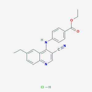 molecular formula C21H20ClN3O2 B2604194 Ethyl 4-((3-cyano-6-ethylquinolin-4-yl)amino)benzoate hydrochloride CAS No. 1323535-03-0