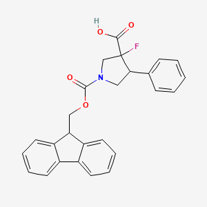 molecular formula C26H22FNO4 B2604237 1-(9H-Fluoren-9-ylmethoxycarbonyl)-3-fluoro-4-phenylpyrrolidine-3-carboxylic acid CAS No. 2137774-86-6