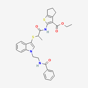 molecular formula C30H31N3O4S2 B2604279 ethyl 2-(2-((1-(2-benzamidoethyl)-1H-indol-3-yl)thio)propanamido)-5,6-dihydro-4H-cyclopenta[b]thiophene-3-carboxylate CAS No. 532969-90-7