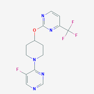 molecular formula C14H13F4N5O B2604302 2-[1-(5-Fluoropyrimidin-4-yl)piperidin-4-yl]oxy-4-(trifluoromethyl)pyrimidine CAS No. 2380143-36-0