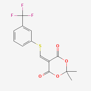 molecular formula C14H11F3O4S B2604400 2,2-Dimethyl-5-({[3-(trifluoromethyl)phenyl]sulfanyl}methylene)-1,3-dioxane-4,6-dione CAS No. 477866-39-0