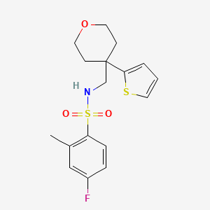molecular formula C17H20FNO3S2 B2604430 4-氟-2-甲基-N-((4-(噻吩-2-基)四氢-2H-吡喃-4-基)甲基)苯磺酰胺 CAS No. 1203397-92-5