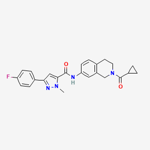 molecular formula C24H23FN4O2 B2604434 N-(2-(cyclopropanecarbonyl)-1,2,3,4-tetrahydroisoquinolin-7-yl)-3-(4-fluorophenyl)-1-methyl-1H-pyrazole-5-carboxamide CAS No. 1396781-71-7