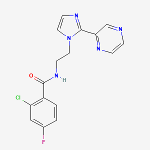 molecular formula C16H13ClFN5O B2604441 2-chloro-4-fluoro-N-(2-(2-(pyrazin-2-yl)-1H-imidazol-1-yl)ethyl)benzamide CAS No. 2034633-58-2