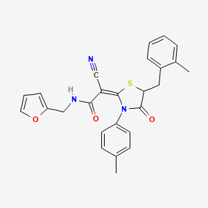 molecular formula C26H23N3O3S B2604463 (2E)-2-cyano-N-(furan-2-ylmethyl)-2-[5-(2-methylbenzyl)-3-(4-methylphenyl)-4-oxo-1,3-thiazolidin-2-ylidene]ethanamide CAS No. 786676-01-5
