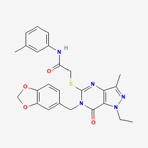 molecular formula C25H25N5O4S B2604479 2-((6-(benzo[d][1,3]dioxol-5-ylmethyl)-1-ethyl-3-methyl-7-oxo-6,7-dihydro-1H-pyrazolo[4,3-d]pyrimidin-5-yl)thio)-N-(m-tolyl)acetamide CAS No. 1359218-28-2