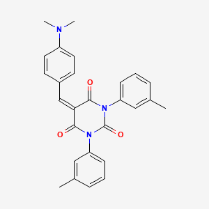 molecular formula C27H25N3O3 B2604507 5-((4-(Dimethylamino)phenyl)methylene)-1,3-bis(3-methylphenyl)-1,3-diazaperhydroine-2,4,6-trione CAS No. 312750-60-0
