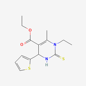 molecular formula C14H18N2O2S2 B2604526 Ethyl 1-ethyl-6-methyl-2-sulfanylidene-4-(thiophen-2-yl)-1,2,3,4-tetrahydropyrimidine-5-carboxylate CAS No. 743444-84-0