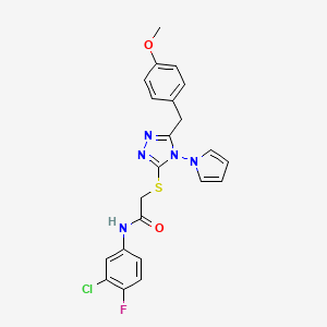 molecular formula C22H19ClFN5O2S B2604596 N-(3-chloro-4-fluorophenyl)-2-{[5-(4-methoxybenzyl)-4-(1H-pyrrol-1-yl)-4H-1,2,4-triazol-3-yl]sulfanyl}acetamide CAS No. 896307-69-0