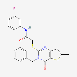 molecular formula C22H20FN3O2S2 B2604600 2-[(3-benzyl-6-methyl-4-oxo-6,7-dihydrothieno[3,2-d]pyrimidin-2-yl)sulfanyl]-N-(3-fluorophenyl)acetamide CAS No. 689263-02-3