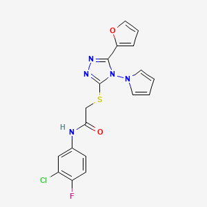 molecular formula C18H13ClFN5O2S B2604607 N-(3-chloro-4-fluorophenyl)-2-{[5-(furan-2-yl)-4-(1H-pyrrol-1-yl)-4H-1,2,4-triazol-3-yl]sulfanyl}acetamide CAS No. 886941-55-5