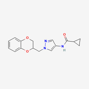 molecular formula C16H17N3O3 B2604608 N-(1-((2,3-dihydrobenzo[b][1,4]dioxin-2-yl)methyl)-1H-pyrazol-4-yl)cyclopropanecarboxamide CAS No. 1797182-46-7
