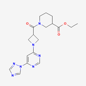 molecular formula C18H23N7O3 B2604633 ethyl 1-(1-(6-(1H-1,2,4-triazol-1-yl)pyrimidin-4-yl)azetidine-3-carbonyl)piperidine-3-carboxylate CAS No. 2034230-54-9