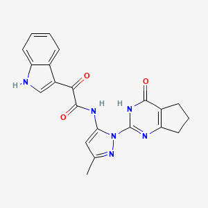 molecular formula C21H18N6O3 B2604653 2-(1H-indol-3-yl)-N-(3-methyl-1-(4-oxo-4,5,6,7-tetrahydro-3H-cyclopenta[d]pyrimidin-2-yl)-1H-pyrazol-5-yl)-2-oxoacetamide CAS No. 1002482-95-2