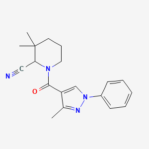 molecular formula C19H22N4O B2604656 3,3-Dimethyl-1-(3-methyl-1-phenylpyrazole-4-carbonyl)piperidine-2-carbonitrile CAS No. 2128002-40-2
